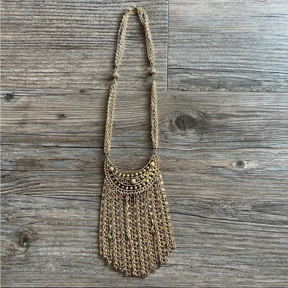 Gold Cascade Fringe Statement Necklace